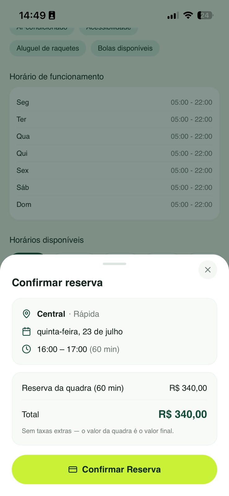 Reserva de quadra pelo app