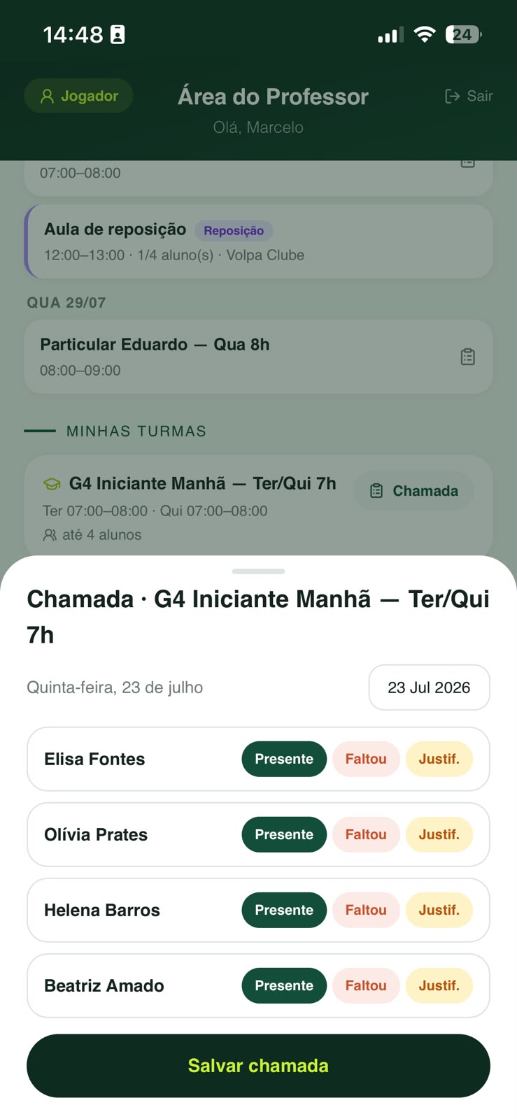 Chamada da turma pelo professor no app